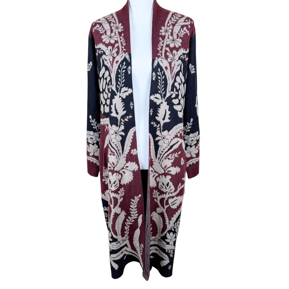 Soft Surroundings Long SweaterCardigan Size Small Burgundy Black Pockets Duster